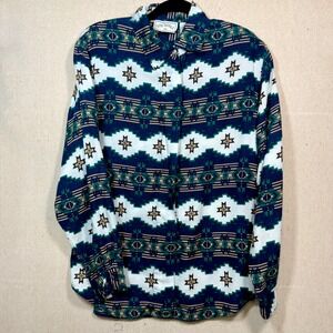 Side Saddle Vintage Southwestern Geometric Rayon Button Down Shirt Navy Teal M
